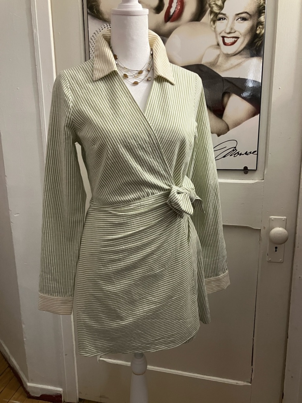 Sage Light Green Striped Wrap Mini Dress
